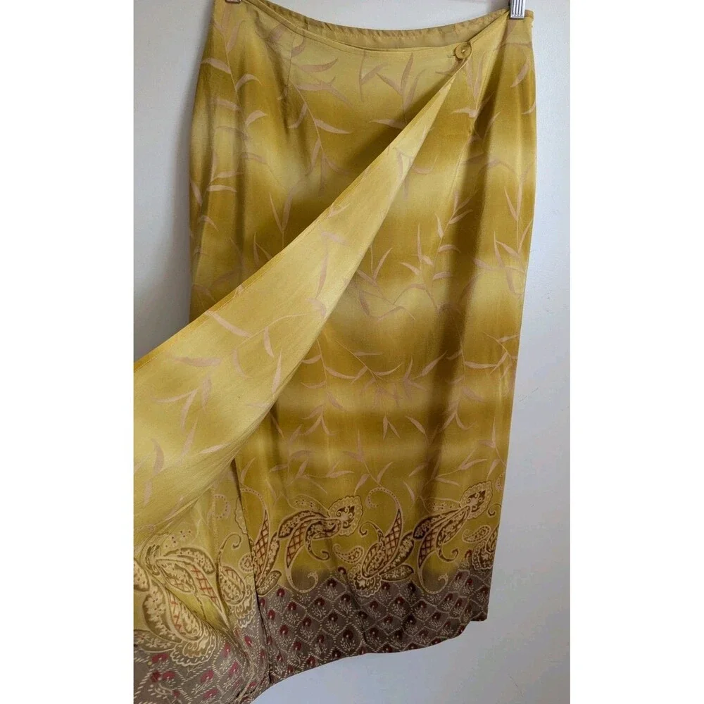 Y2K 90s Silk Wrap Maxi Skirt Mustard Gold Paisley Border Print Tagged 10